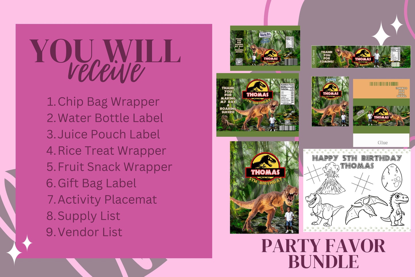 Dinosaur Editable Digital Files, Birthday Party Favor Templates, Birthday Chip Template, Birthday Treats Template, Canva Treat Bundle
