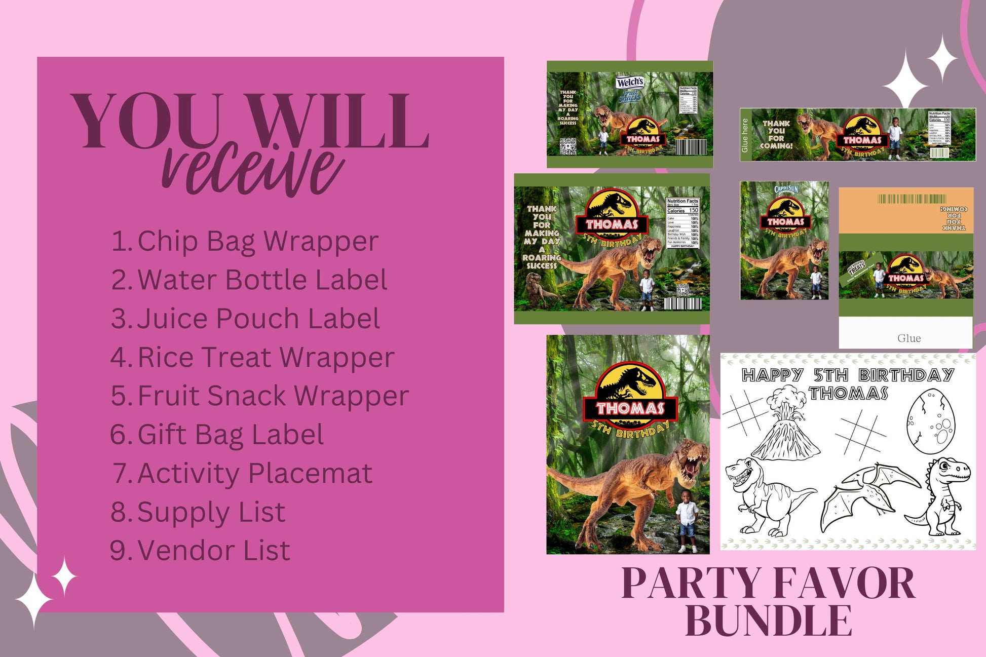 Dinosaur Editable Digital Files, Birthday Party Favor Templates, Birthday Chip Template, Birthday Treats Template, Canva Treat Bundle
