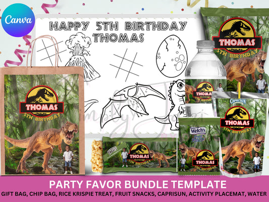 Dinosaur Editable Digital Files, Birthday Party Favor Templates, Birthday Chip Template, Birthday Treats Template, Canva Treat Bundle